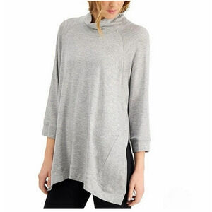 Eileen Fisher Mock Neck Top Womens XL Gray Tencel Blend Side Slits 3/4 Sleeves